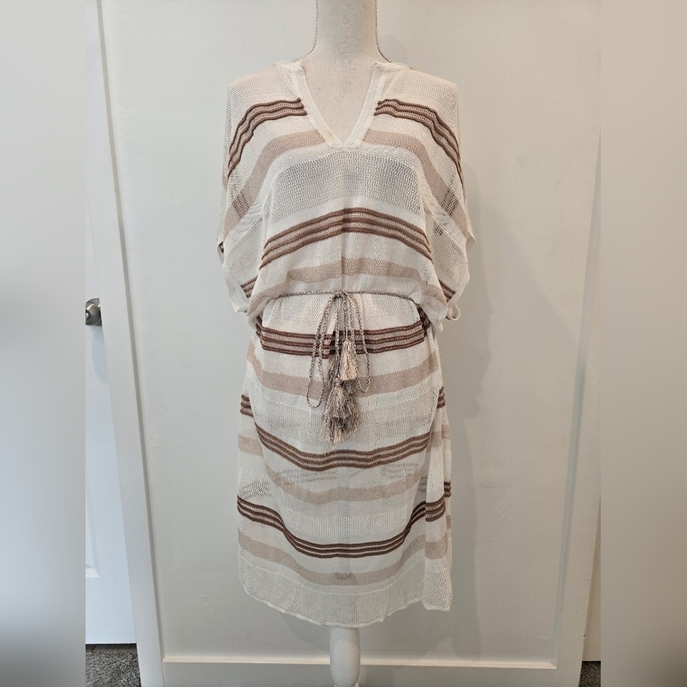 Chico’s neutral open weave sheer swim coverup tunic top with waist tie tassels.